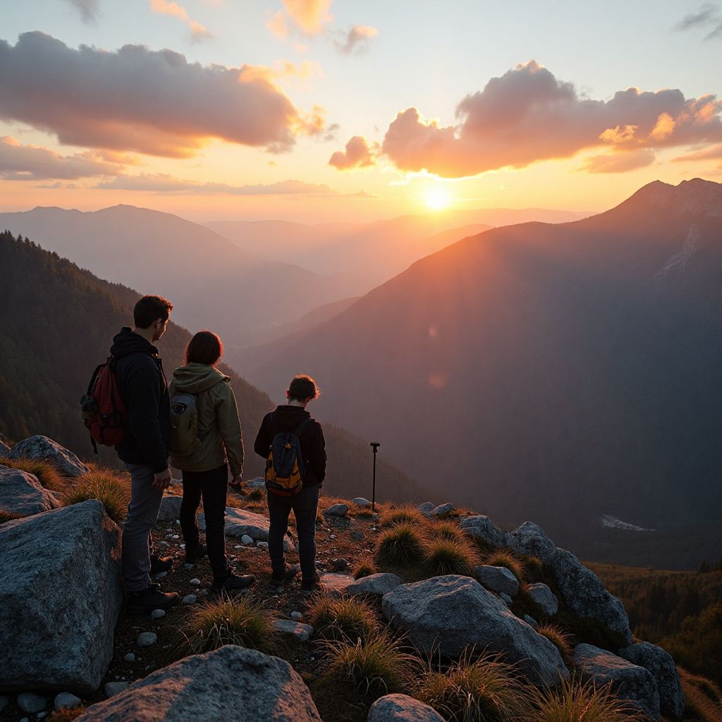 Peisaj montan din Carpați cu o echipă de ecologiști